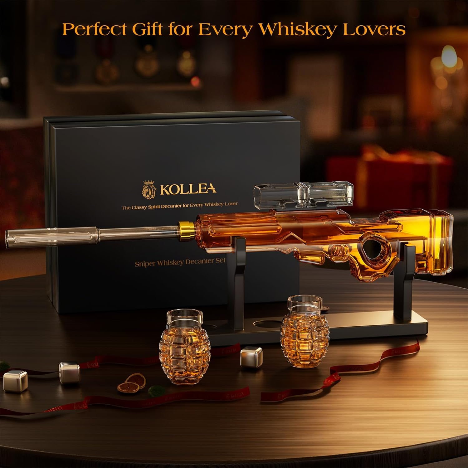 Kollea Sniper Whiskey Decanter Set with 2 Granade Glasses
